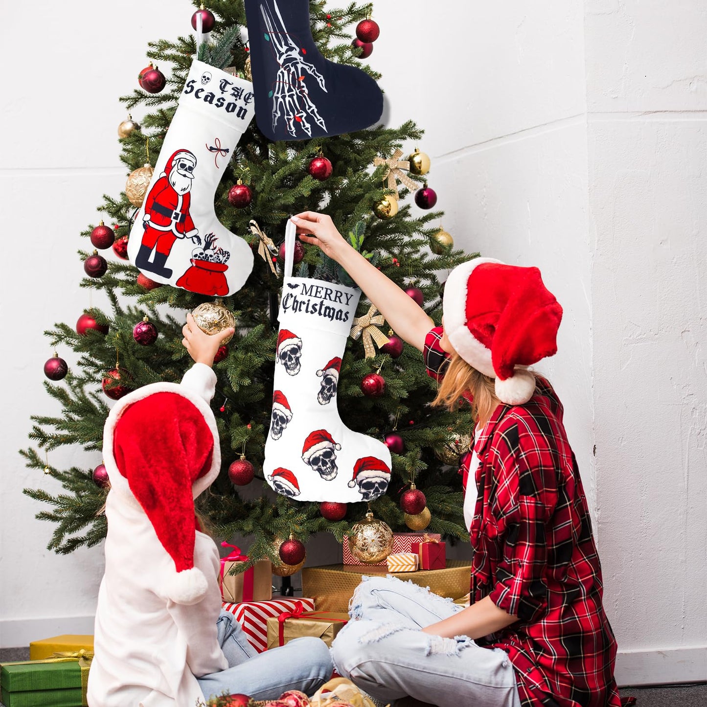 Kinlop 6 Pcs Black and White Gothic Christmas Stocking 17 Inches Goth Xmas Stockings Skeleton Hand Santa Claus Hanging Ornament for Christmas Tree Candy Gift Storage Bags Holiday Fireplace Party Decor