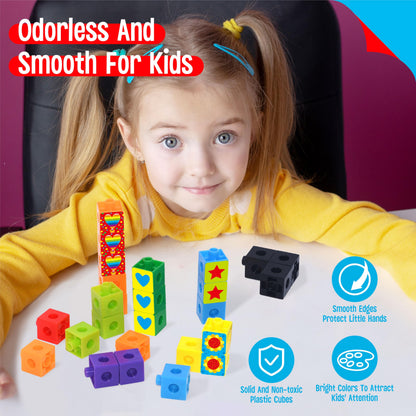 100 Math Linking Cubes, Math Cubes with 320 Reusable Stickers Manipulative Geometric Shapes Connecting and Counting Snap Blocks for Early Math & Construction, Educational Toy for Preschool, Homeschool