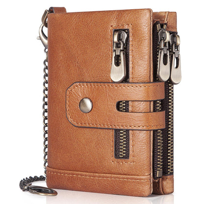 gzcz Mens Wallet with Chain RFID Blocking Genuine Leather Bifold Purse for Men ID Window and Zip Coin Pocket (Brown)