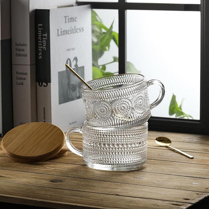LANDNEOO 12pcs Set Irish Coffee Glasses, Vintage Coffee Mugs, Overnight Oats Containers with Bamboo Lids and Spoons - 14oz Clear Embossed Glass Cups, Cute Coffee Bar Accessories, Iced Coffee Glasses