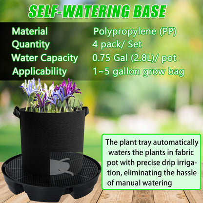 4 Pcs Self-Watering Fabric Pot Base, Auto-Irrigation System Plant Saucer for 5 Gallon Fabric Pots, Auto Watering Plant Water Tray Self Watering System for Indoor Greenhouses Grow Tents Gardens