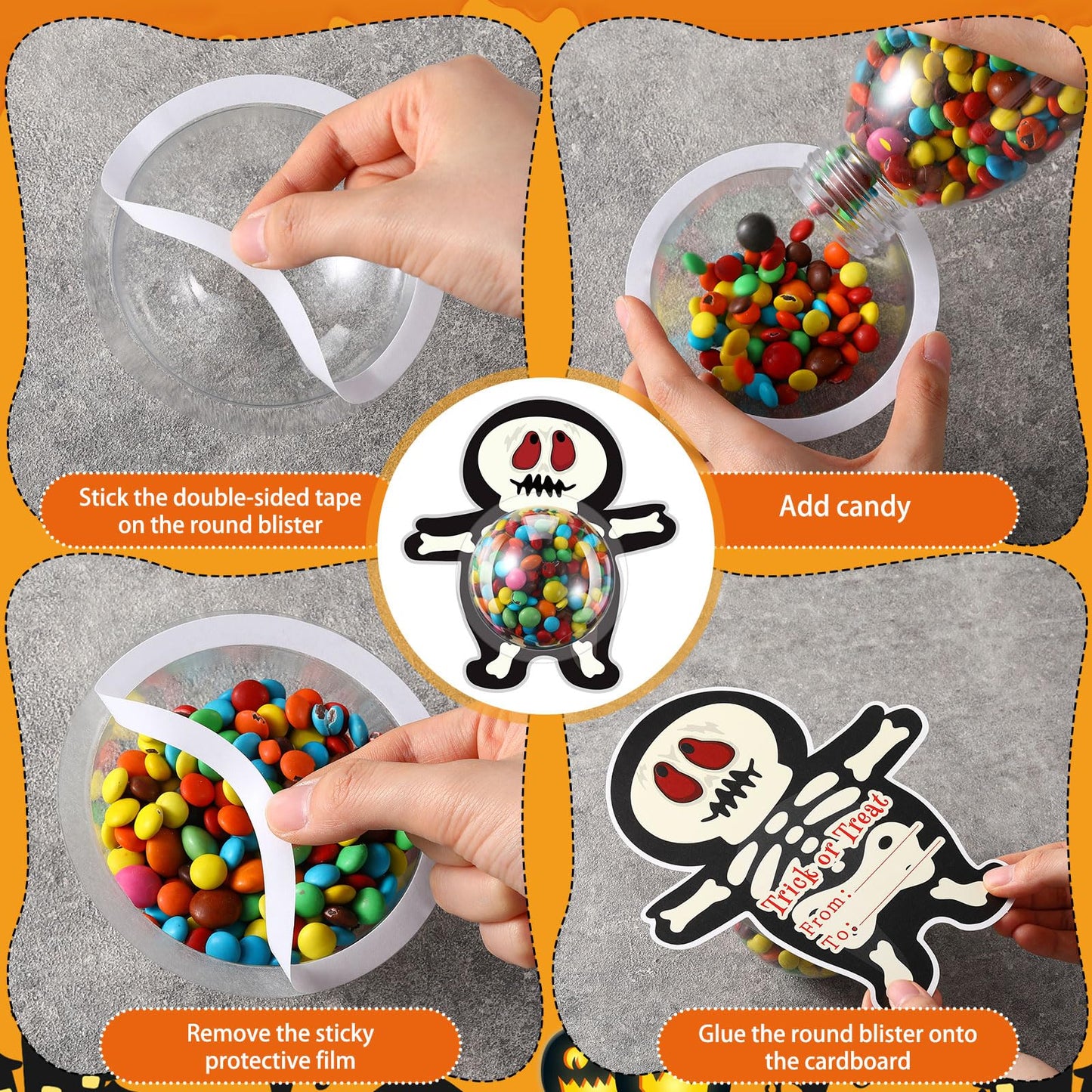 Sinload 48 Set Candy Holder with Dome Shaker DIY Greeting Cards Round Adhesive Shaker Pouches for Home Family Rewards Exchange Gifts Winter Party Favors (Halloween)