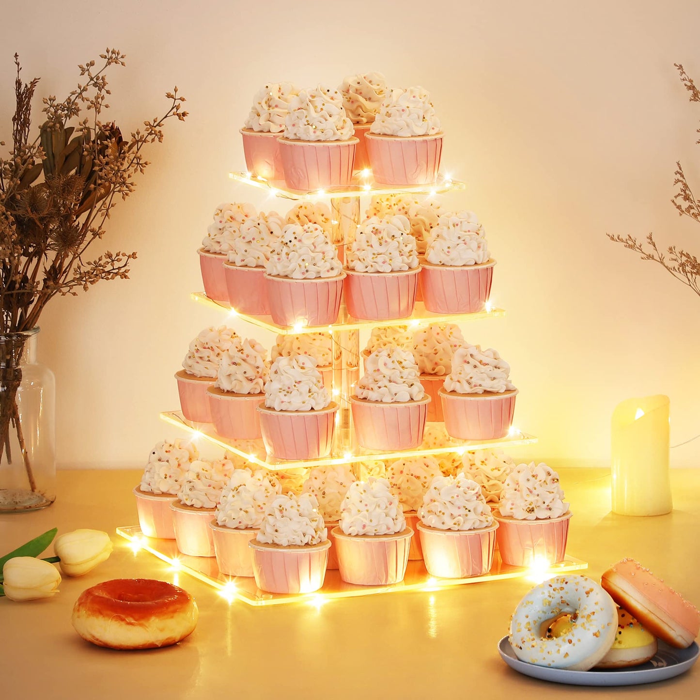 Suneerplay 4 Tier Cupcake Stand with LED String Light, Acrylic Cupcake Display Stand, Square Cupcake Tower Holder, Cup Cake Stand for Birthday, Wedding, Baby Shower, Party