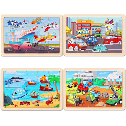 Wooden Educational Jigsaw Puzzles for Preschool Kids Ages 3-5, 4-Pack with 20 Pieces Transportation Wood Puzzles Set, Toddler Brain Teaser Toys, Preschool Gifts for Boys Girls Ages 3 4 5 6