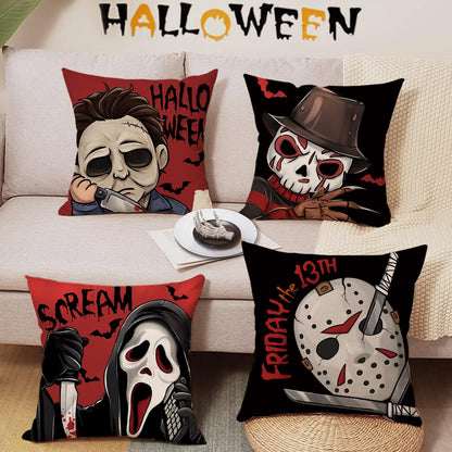 Pycat Halloween Horror Movie Characters Decorative Throw Pillow Covers 18 x 18 Set of 4, Red Black Scary Grim Reaper Mask Porch Outdoor Home Decor, Scream Bloody Knives Bat Sofa Couch Cushion Case