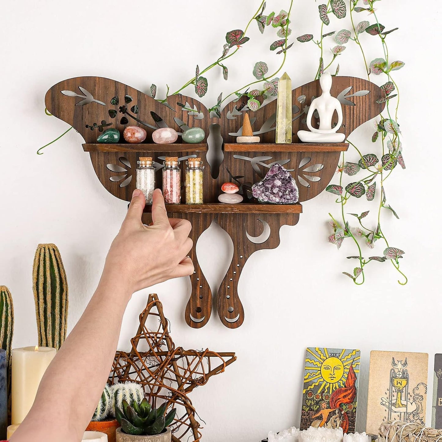 ANROYE Luna Moth Crystal Shelf Display, Boho Pine Wood Wall Floating Shelves with Light for Gem Stone Essential Oil Storage, Bohemian Wooden Butterfly Hanging Witch Rustic Decor Holder