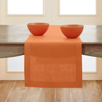 Solino Home Linen Pumpkin Table Runner 90 Inches Long - 100% Pure Linen Hemstitch 14 x 90 Inch Table Runner for Dining - Classic Hemstitch