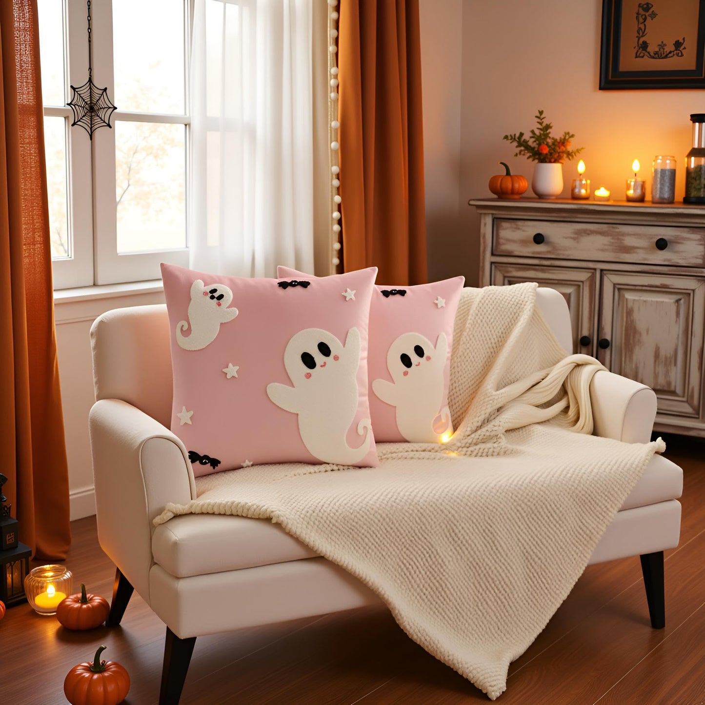 Tosleo Halloween Throw Pillow Covers 18x18 inch Set of 2 Halloween White Spooky Ghosts Embroidered Pillow Cases Thanksgiving Home Party Fall Decor Pillowcases Square Pink Velvet Cushion Covers