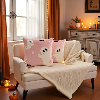 Tosleo Halloween Throw Pillow Covers 18x18 inch Set of 2 Halloween White Spooky Ghosts Embroidered Pillow Cases Thanksgiving Home Party Fall Decor Pillowcases Square Pink Velvet Cushion Covers