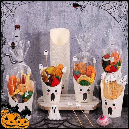 Whaline 500 Pcs Halloween Charcuterie Cup Sets 200 Cocktail Pick 100 Bags 100 Twist Ties 100Pcs 14Oz Cute Ghost Expression Disposable Appetizer Cup White French Fry Holder for Trick or Treat Supplies