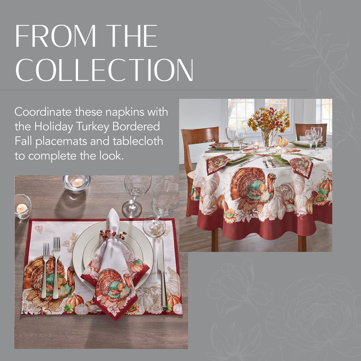 Elrene Home Fashions Holiday Turkey Bordered Fall Napkins, Seasonal Fall Cloth Napkins, 17" x 17", Set of 8