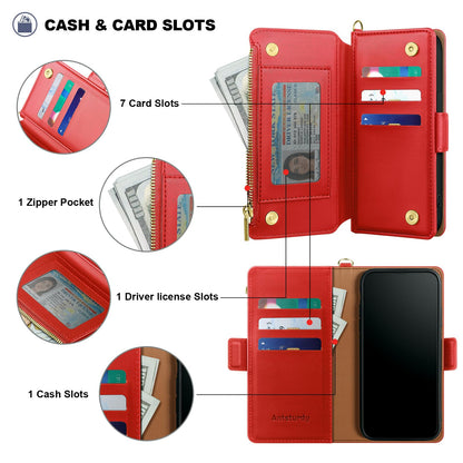 Antsturdy Compatible with iPhone 17 Wallet Case Women,RFID Blocking PU Leather Phone Case Men Kickstand Flip Folio Cover Wrist Strap Zipper Credit Card Holder Slots for Apple 17 6.3",Red