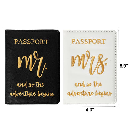 Passport Holder Set for Couples, Mr and Mrs Embroidered Passport Covers, PU Leather Travel Accessory, Wedding and Honeymoon Gift (Embroidered Black White Gold)