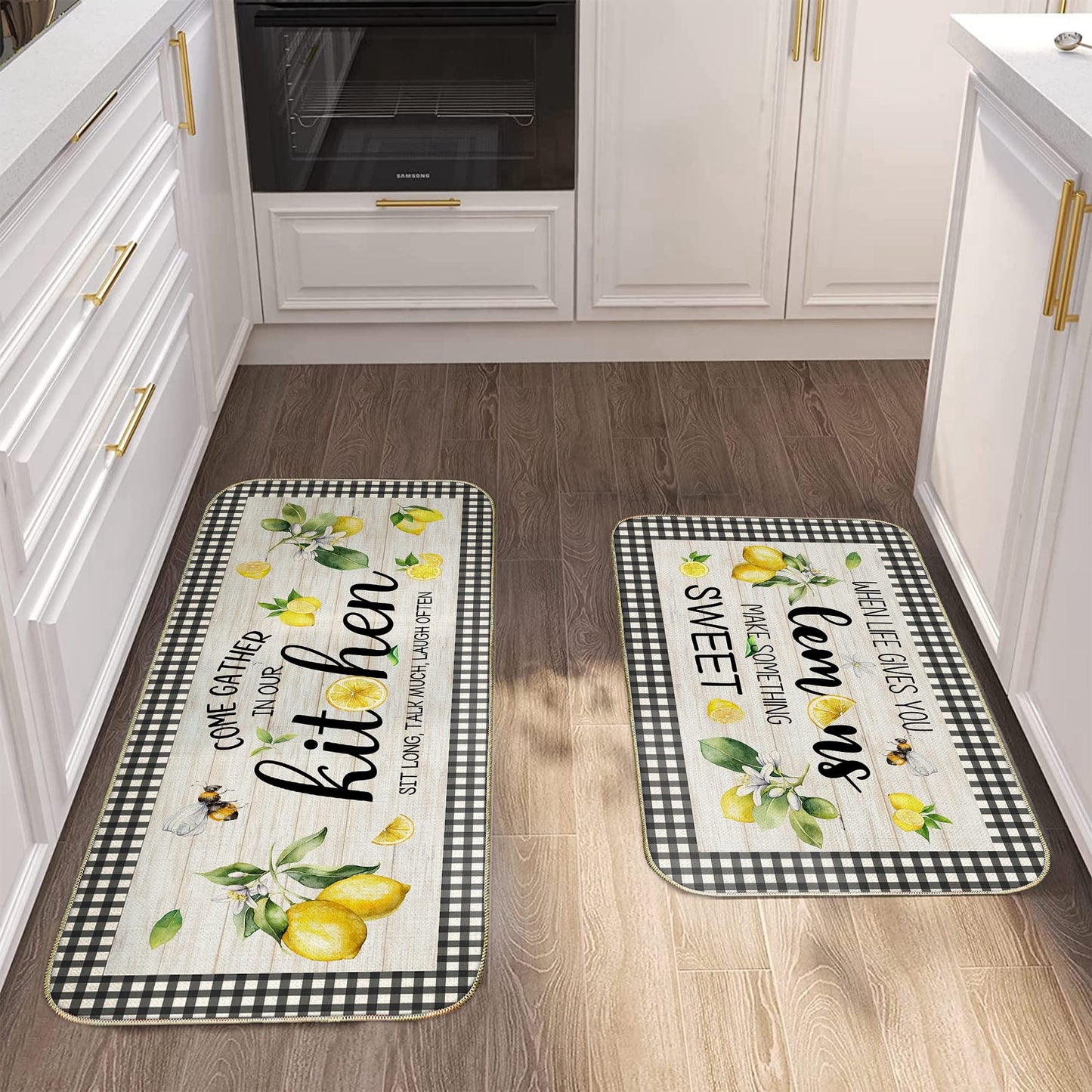 Lemon Kitchen Mat Set of 2, Kitchen Mats for Floor, Farmhouse Lemon Kitchen Decor Floor Mats Non Slip, Kitchen Runner Rug Carpet 17x29 and 17x47 Inch