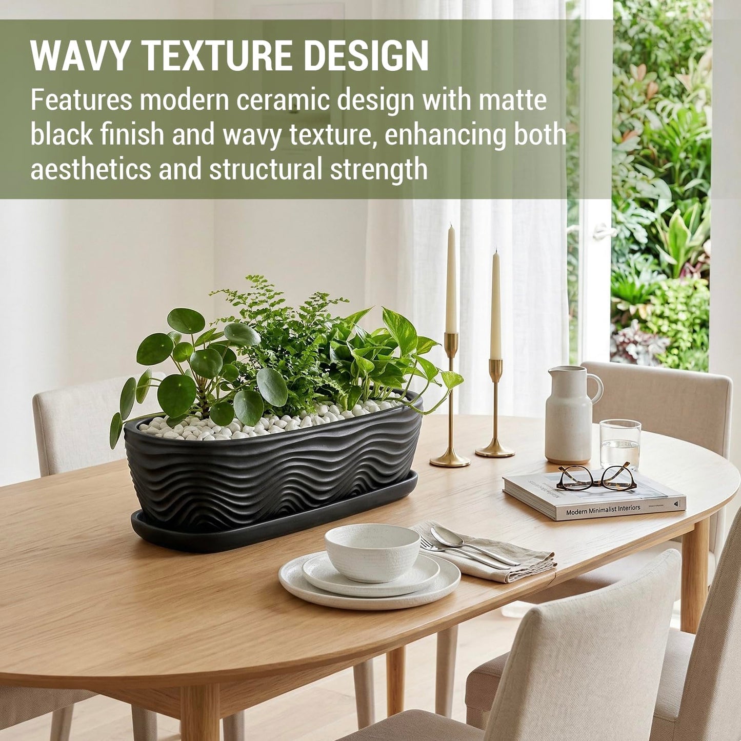 MyGift 13.5 inch Succulent Planter Pot, Oval Modern Ceramic Plant Box Container with Wave Textured Pattern and Removable Saucer Drip Tray (Black)
