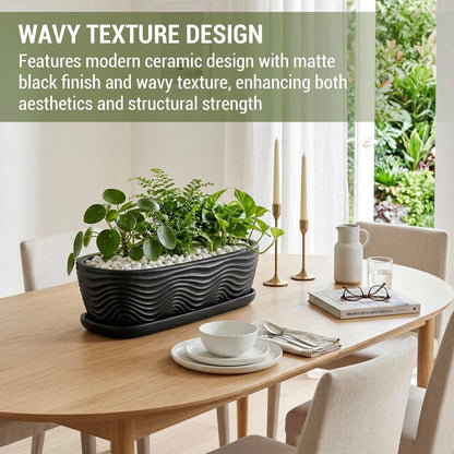 MyGift 13.5 inch Succulent Planter Pot, Oval Modern Ceramic Plant Box Container with Wave Textured Pattern and Removable Saucer Drip Tray (Black)