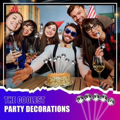 Sawysine 48 Pcs Disco Party Decorations Disco Ball Cocktail Stirrers 8 Inch Silver Mirror Ball Stir Sticks Beverage Coffee Drink Stirrer for 70s 80s Bachelorette Wedding Birthday Party(Silver)