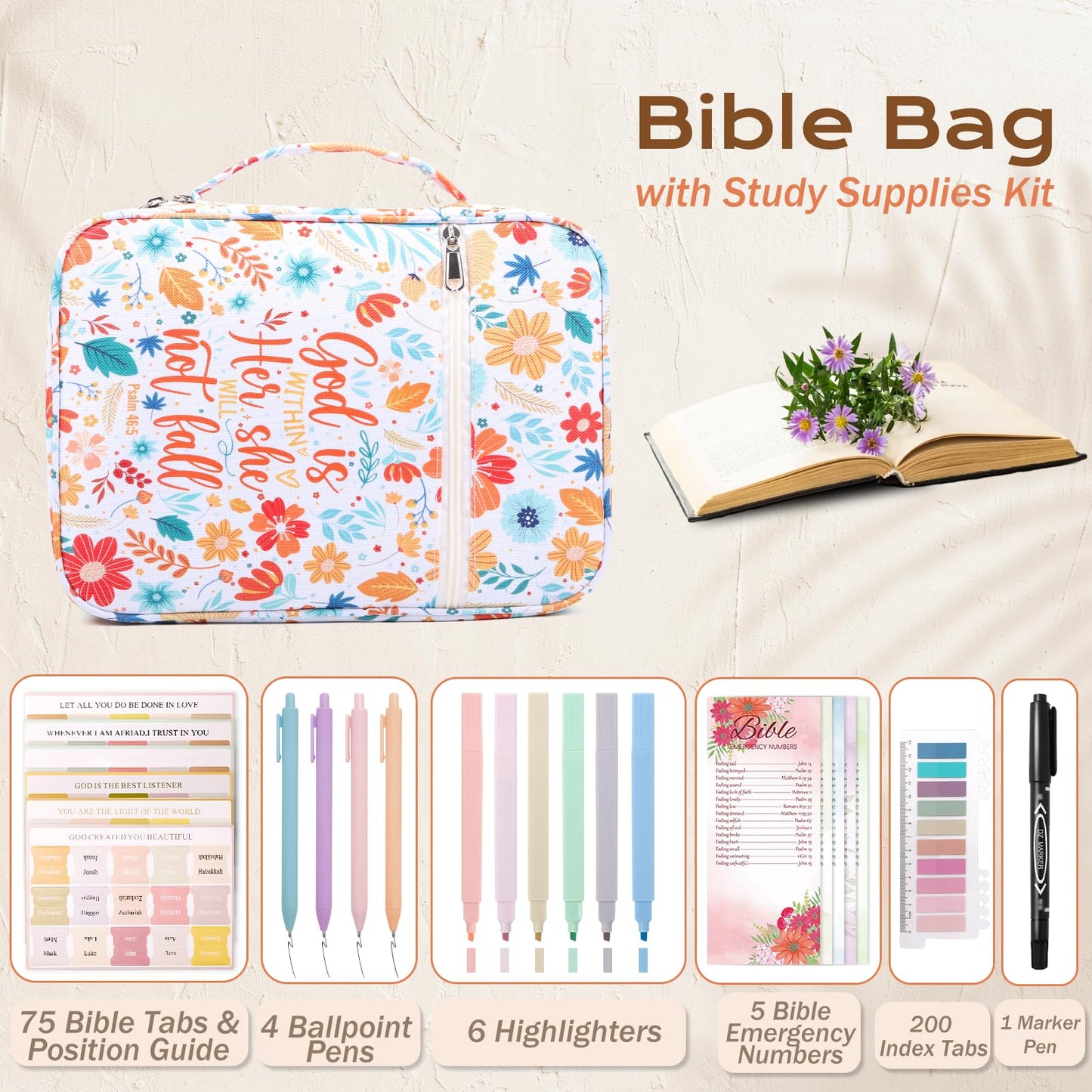 XKDOUS Bible Cover Case for Women Floral Pattern Bible Bag with Handle, Pens & Tabs, Study Supplies Carrying Case Organizer Portable Church Book Holder