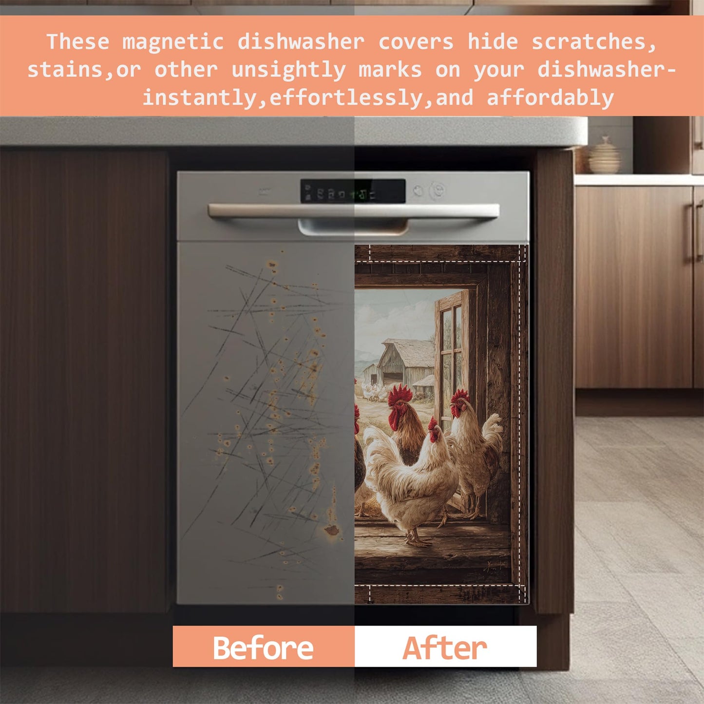 Chicken Rooster Dishwasher Magnet Cover Farmhouse Hen Reuseable Refrigerator Magnet Cover Decal Kitchen Fridge Hoilday Party Decor, 23 W x 26 H