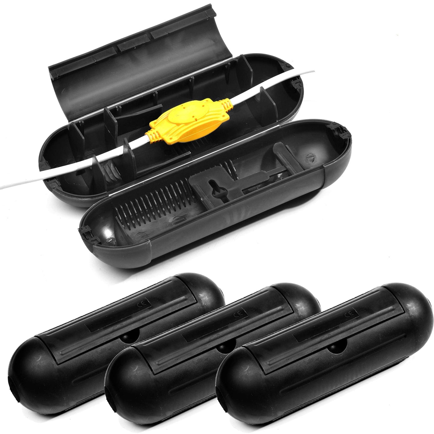 4 Pack Extension Cord Protective Cover Set (Black) | Indoor Outdoor Water-Resistant Holder for Holiday String Lights and Wires | Capsule Shaped Protector with Large Compartment