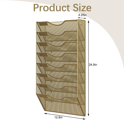 EasyPAG 8 Pocket Mesh Wall File Organizer, Hanging Paper Folder Holder with Classify Label, Vertical Wall Mount Mail Organizer for Office Home Classroom, Gold