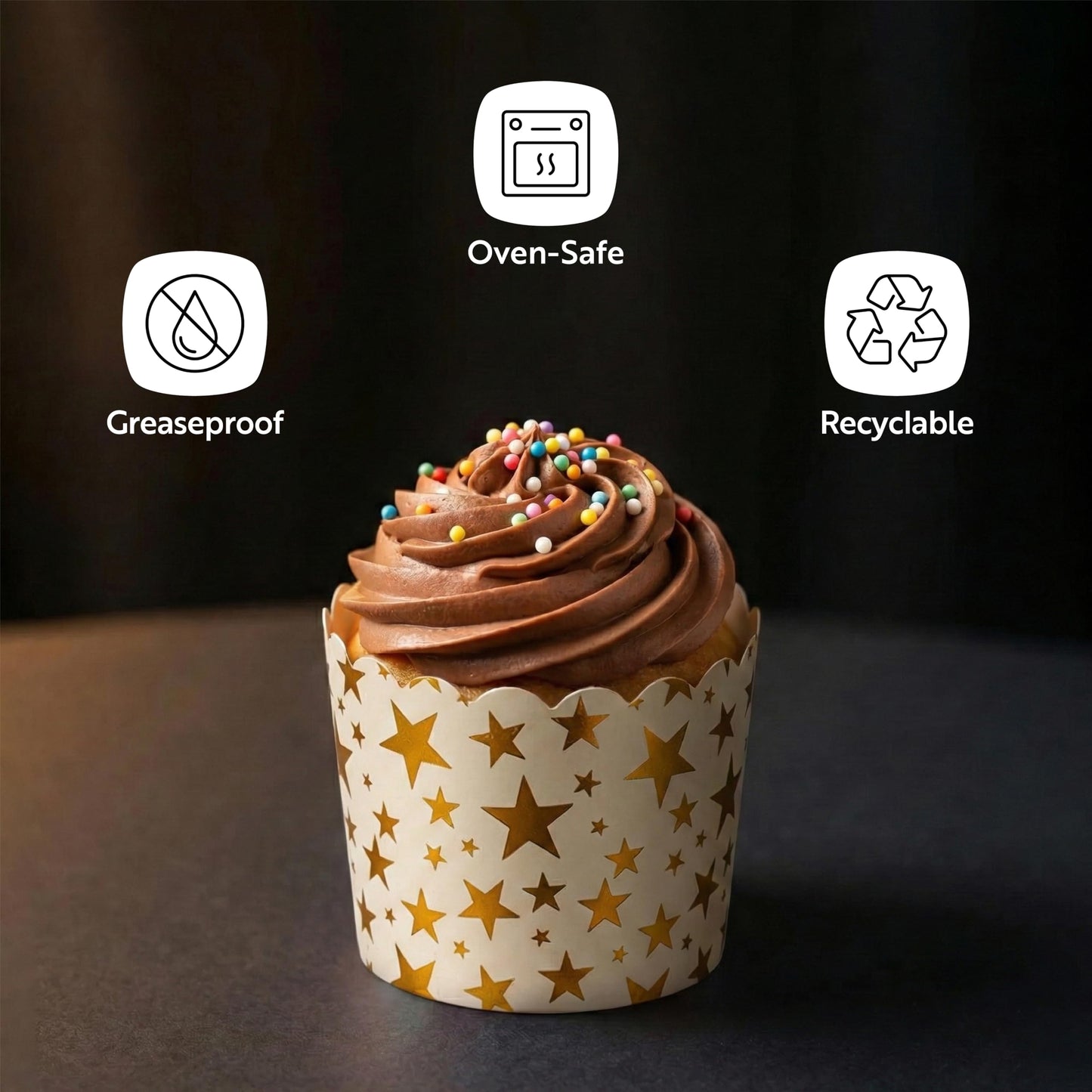 Restaurantware Panificio 4.5 Ounce Baking Cups 50 Disposable Paper Baking Cups - Greaseproof Oven-Ready White Paper Muffin Liners Microwavable Gold Star Print