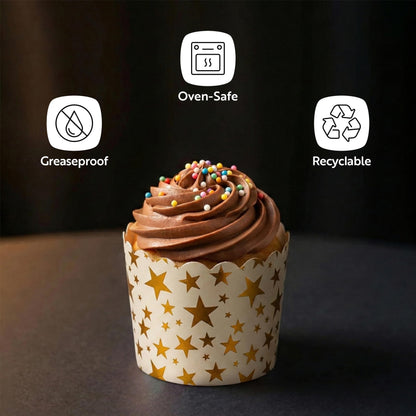 Restaurantware Panificio 4.5 Ounce Baking Cups 50 Disposable Paper Baking Cups - Greaseproof Oven-Ready White Paper Muffin Liners Microwavable Gold Star Print