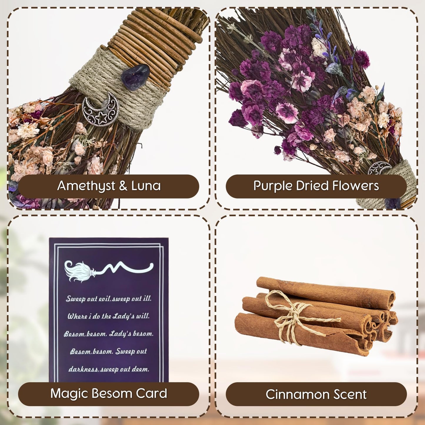 Teeloray Cinnamon Broom 7.5 Inch Witch Broom for Altar Magic Crystal Handmade Mini Cinnamon Broomstick Scented Natural Herbal Protection Witchcraft Supplies for Wiccan Décor Witchy Gifts (Purple)