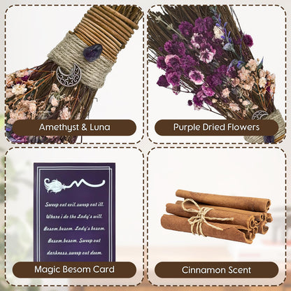 Teeloray Cinnamon Broom 7.5 Inch Witch Broom for Altar Magic Crystal Handmade Mini Cinnamon Broomstick Scented Natural Herbal Protection Witchcraft Supplies for Wiccan Décor Witchy Gifts (Purple)