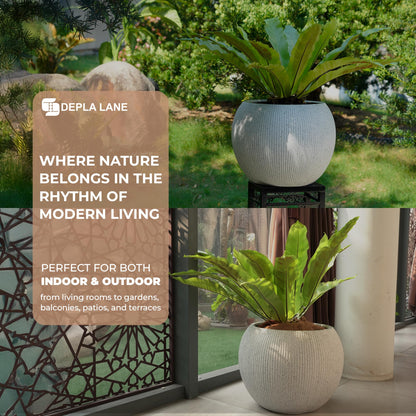 DEPLA LANE Marlo Fiberstone Round Planter (8.5" Pot Opening x 12..6"D x 9.8"H) Ribbed Finishes, Lightweight, Durable, UV Resistant, Modern Minimalist Home Decor, Indoor Outdoor Pot (S, Ribbed White)