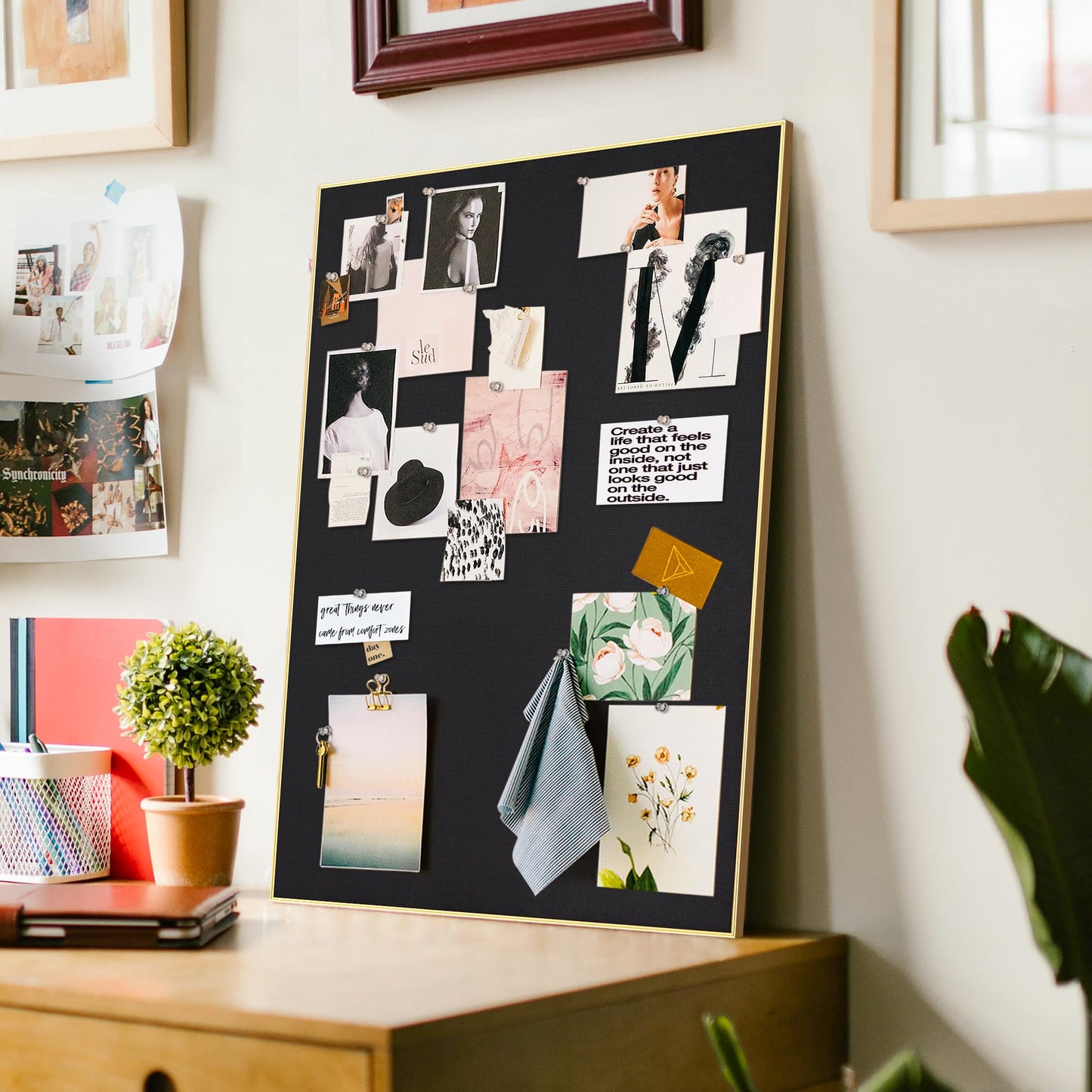 Lightomorrow Bulletin Board 30 x 20 inches, Black Pin Board, Golden Aluminum Framed Fabric Cork Board with 10 Push Pins