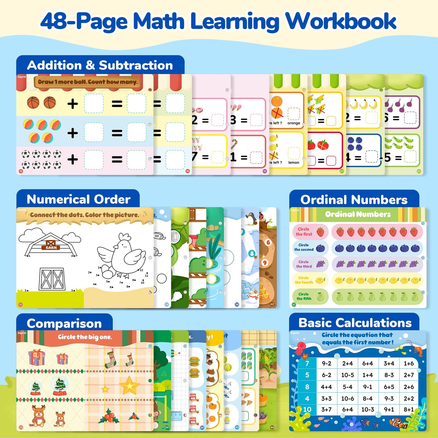 JoyCat Math Busy Book for Toddlers — Reusable Preschool Workbook with 10 Dry-Erase Markers, Number Tracing & Counting Activity Book for Kids Ages 3–8, Kindergarten Learning Activities, Travel-Ready