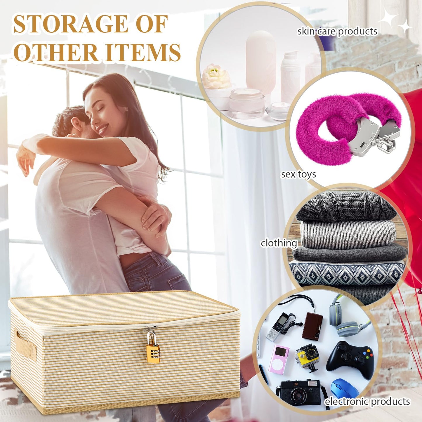 Briwooody Discreet Lockable Toy Bag Storage Organizer Toy Bag Storage Bins Case with Zipper Lid 15 x 10 x 5.9 Inches for Women and Men Clothes Container(Gold Stripes)