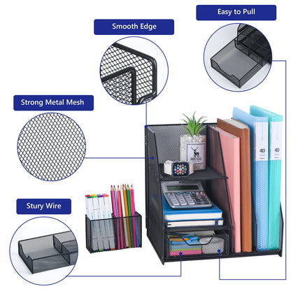 Desk Organizer, File Organizer for Desk with 2-Tier Paper Letter Tray, Drawer and 2 Pen Holder, Mesh Desktop Organization with Magazine Holder for Office Supplies