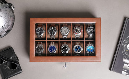 ROTHWELL 10 Slot Leather Watch Box - Luxury Case Display Jewelry Organizer - Locking Watch Display Case Holder with Large Glass Top - Box Organizer for Men and Women (Tan/Brown)
