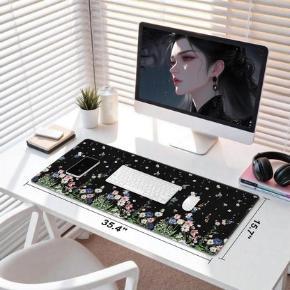 DINKY Leather Desk Protector Mouse Pad, Large Keyboard Mat, Non-Slip PVC Leather Blotter, Black Laptop Pad, Waterproof Writing Pad for Office Home 35.4" x 15.7", Flower Rain