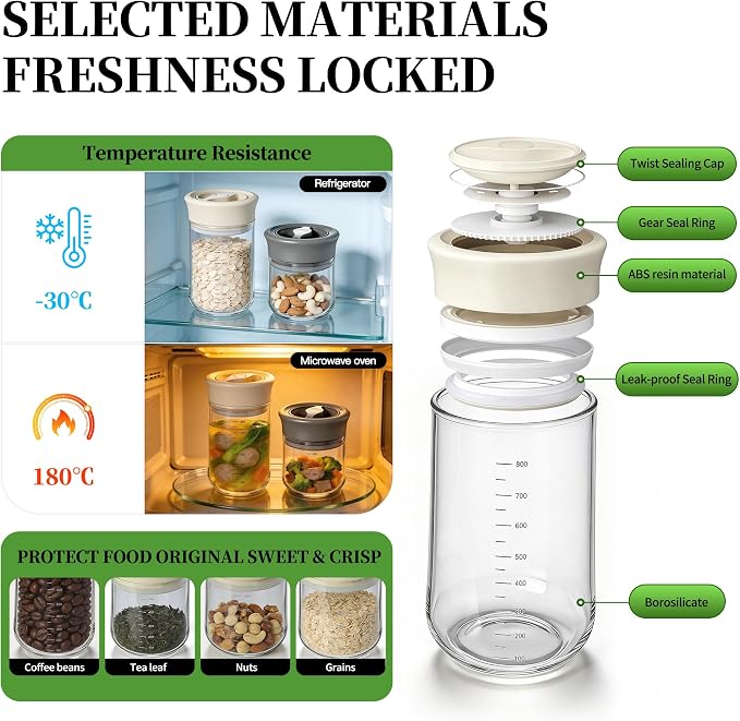 Glass Overnight Oats Containers with Lids - 2 Pack Airtight Food Storage Containers with Twist Lock, Coffee Canister, Leakproof Canning jars Wide Mouth for Chia Pudding & Yogurt, Tea