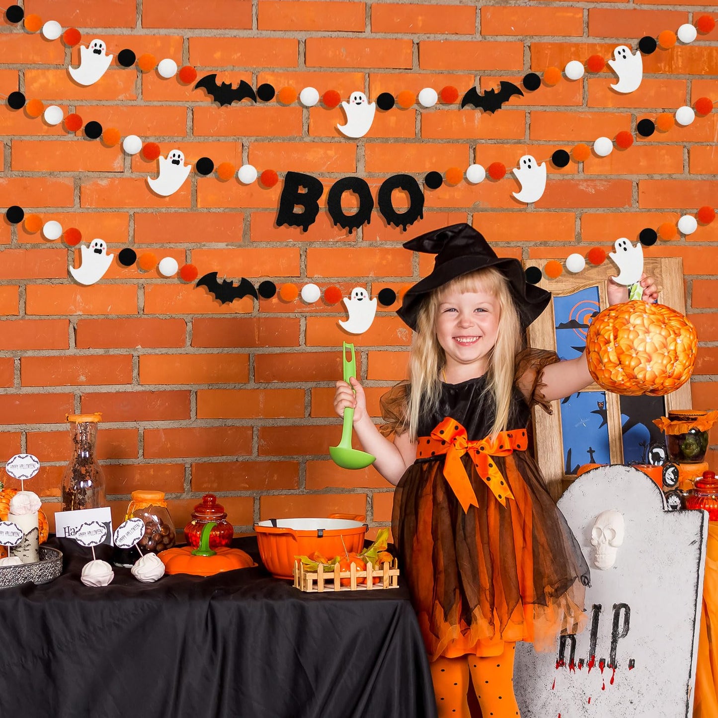 JarThenaAMCS 3Pcs Halloween Felt Garland Ghost Boo Bat Hanging Banner Orange Black White Pom Ball Banner for Haunted House Home Wall Mantle Decor