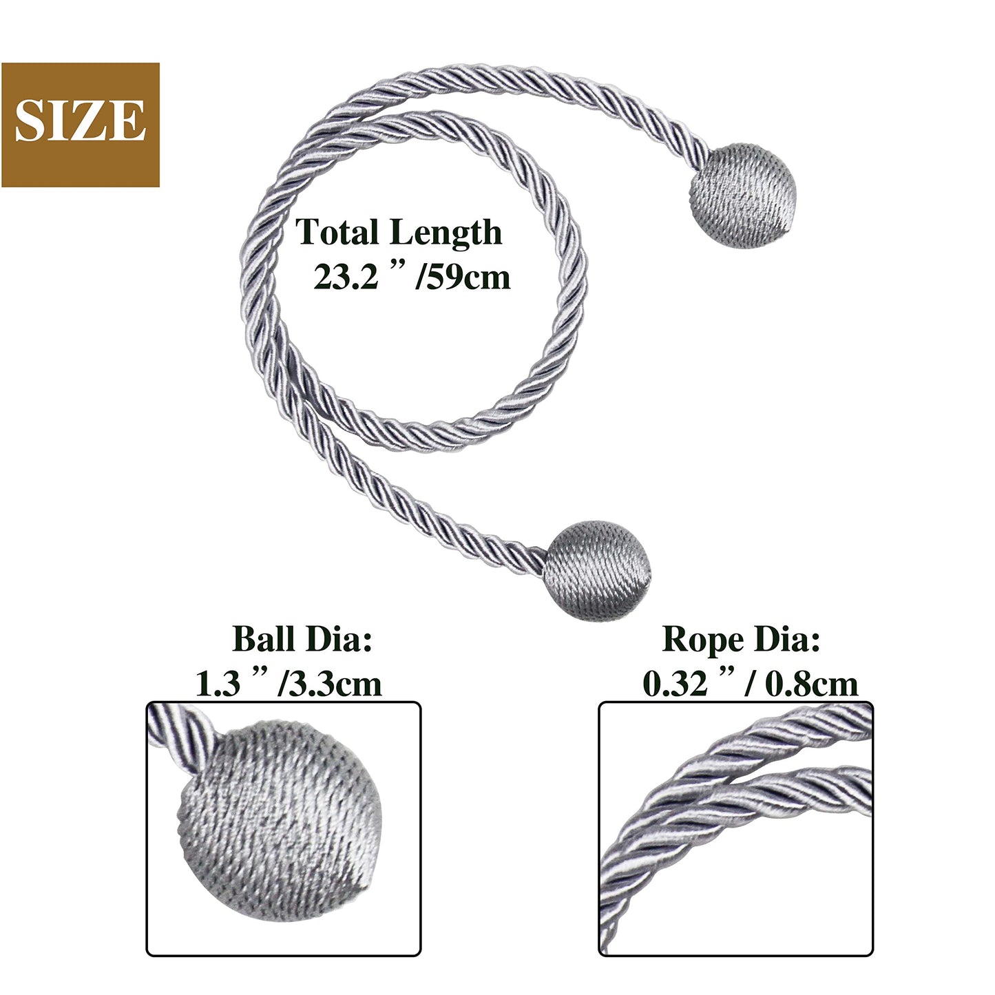 Nieffeiy Curtain Tiebacks Outdoor Elegant Decorative Tie Backs Modern Rope Tiebacks for Drapes Window Curtain Holdbacks for Draperies (Grey, 4)