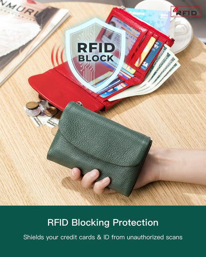 Nsciyise Premium Leather Wallet for Women, Multi-Slot Card Holder with RFID Blocking Protection, ID Window, Zipper Coin Purse, Trifold Genuine Cowhide, Red
