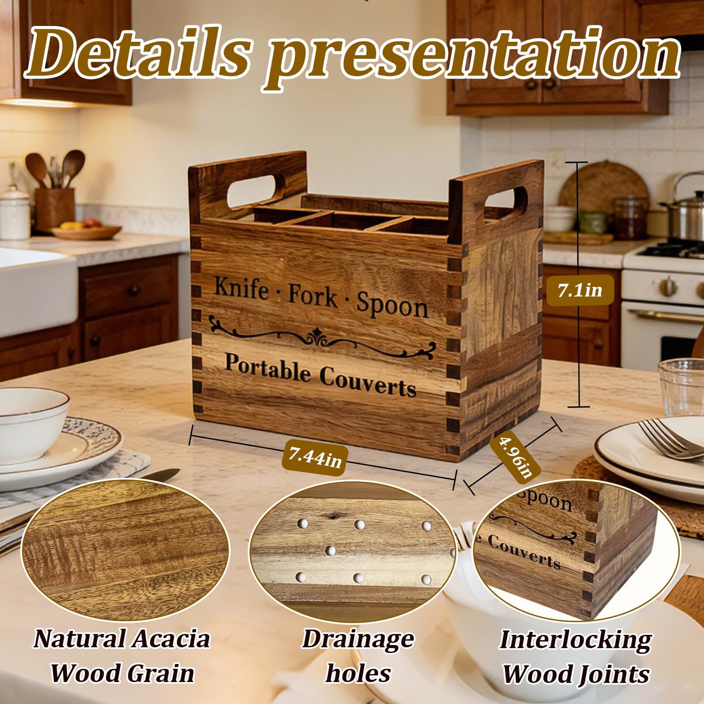 NDNTO Portable Acacia Wood Kitchen Utensil Holder with Handle, Farmhouse Countertop 4-Compartment Wooden Cooking Utensil Holder for Counter, Island & Dining Room