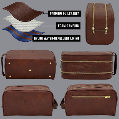 Toiletries bag for men, Premium PU Leather Dopp with Metal Zippers & Bottom Studs, Waterproof Grooming Kit for Men, Mens Birthday Gift, Includes Velvet Dust Bag & Shape-Retention Stuffing / DARK BROWN