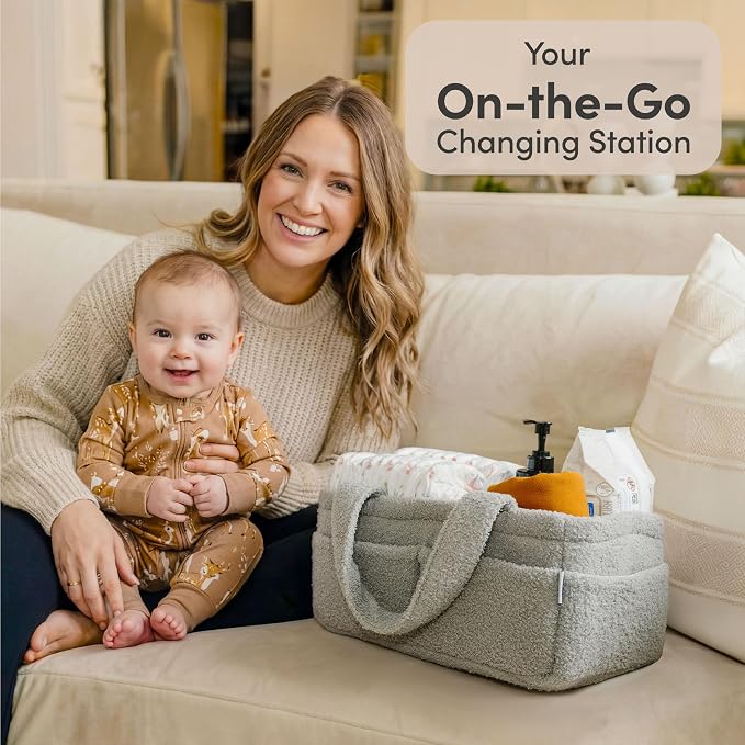 PUTSKA Baby Diaper Caddy Organizer for Changing Table – Stylish Nursery Storage Basket, Newborn Essentials, Baby Shower Gifts and Registry Must-Haves for Boy or Girl, Car Diaper Caddy, Fleece Grey