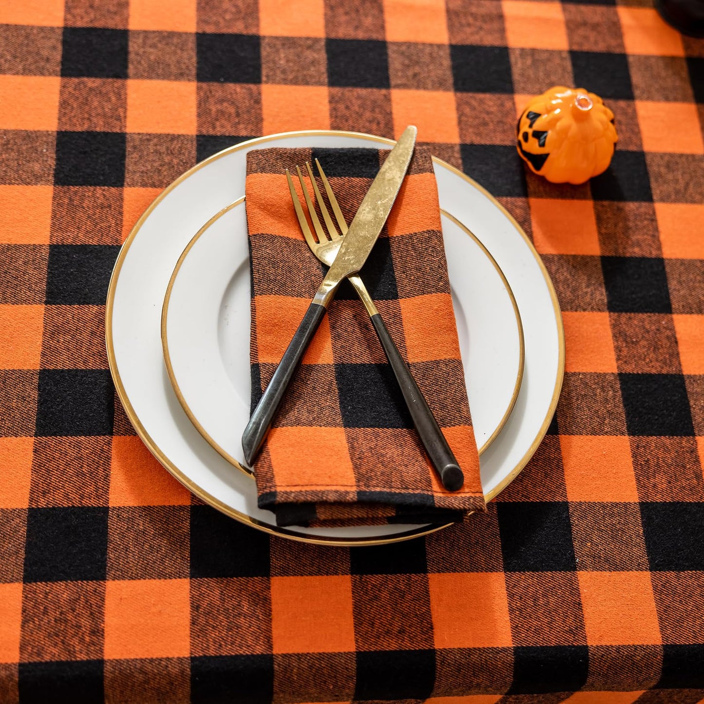 Joyfol Day 4-Pack Orange Buffalo Plaid Cloth Napkins - 17x17 Inch Halloween & Fall Checkered Dinner Napkins, Washable for Thanksgiving Table Decor (Set of 4)