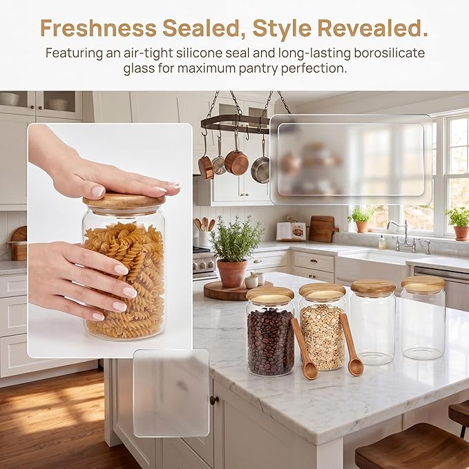 4-Pack 23 oz Glass Jars with Wooden Lids, Spice Jars | Wide mouth for scooping. Solid acacia wood lids & spoons (no plastic). Airtight seal. For coffee, oats, spices, dry goods.