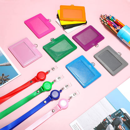 12 Sets PU Leather ID Badge Holder Retractable Name Badge Reel with Lanyards Waterproof Clear Card Holder with 1 Transparent ID Window 1 Credit Card Slot for Women Men Nurse School Office (Horizontal)