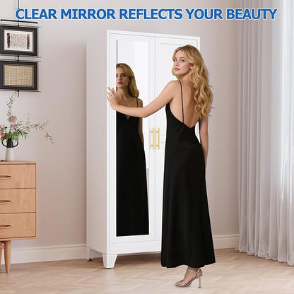 GAIOUS Metal Wardrobe Cabinet with Mirror and Hanging Rod, 71" White | Clothing Storage Cabinets with 2 Doors and Adjustable Shelves, Armoire Wardrobe Closet for Bedroom, Laundry Room, Cloak Room