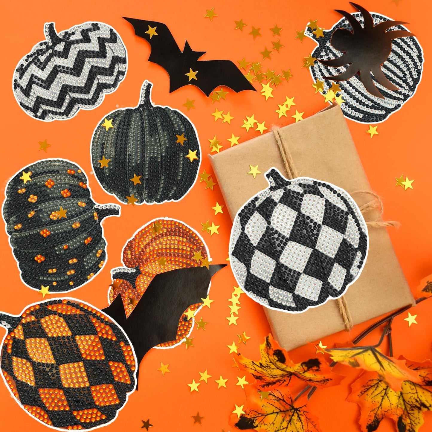Demonwer 8 Pieces Halloween Pumpkin Diamond Coasters Kits with Holder DIY Halloween Pumpkin Diamond Art Coaster Non Slip Coaster for Adults Diamond Art Painting Kits Supplies for Gift
