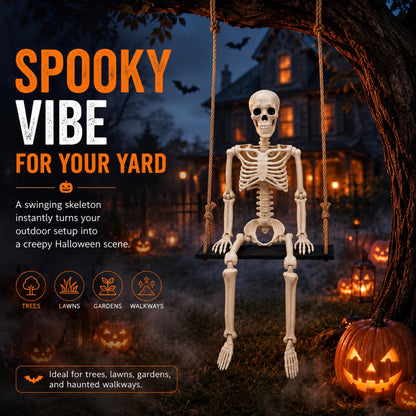 Sintuff Halloween Swinging Skeleton on Swing, Outdoor Swinging Ghost Decor, 35.4" Hanging Skeleton with 13.8" Wooden Seat for Yard, Porch, Tree, Spooky Halloween Decorations