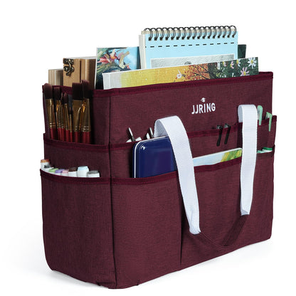 JJRING Craft Organizer Tote Bag, Large Art Storage Caddy with Multiple Pockets, Dark Red Sewing Bag for Art, Craft, Scrapbooking, Medical, and Office Supplies Storage